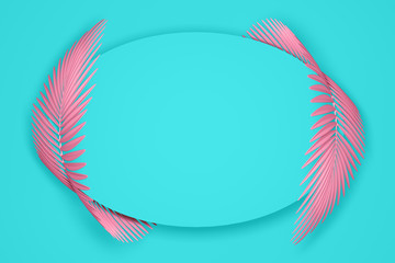 Abstract pastel pink and blue modern background of oval frame surrounded by two rounded fluffy palm leaves. 3D illustration.3D render