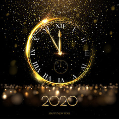 Fototapeta na wymiar Golden 2020 number with big watch vector illustration