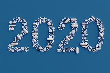 A pattern of many pills scattered on a blue background in the form of figures 2020. 3D illustration