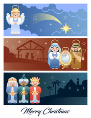 Merry Christmas. Christmas Nativity Scene with Holy Family, Angel and the Three Wise Men. Cute cartoon characters. Vector illustration.