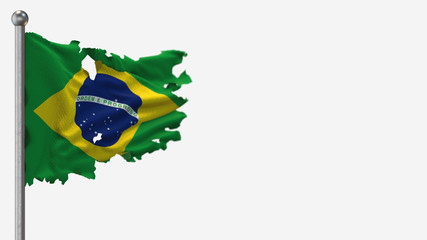 Brazil 3D tattered waving flag illustration on Flagpole. Isolated on white background with space on the right side.