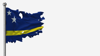 Curacao 3D tattered waving flag illustration on Flagpole. Isolated on white background with space on the right side.