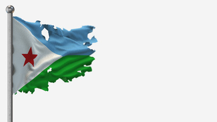 Djibouti 3D tattered waving flag illustration on Flagpole. Isolated on white background with space on the right side.