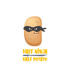 Half ninja half potato character with black super hero mask. super ninja kawaii vegetable food character for printing on tee