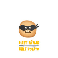 Half ninja half potato character with black super hero mask. super ninja kawaii vegetable food character for printing on tee