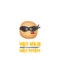 Half ninja half potato character with black super hero mask. super ninja kawaii vegetable food character for printing on tee