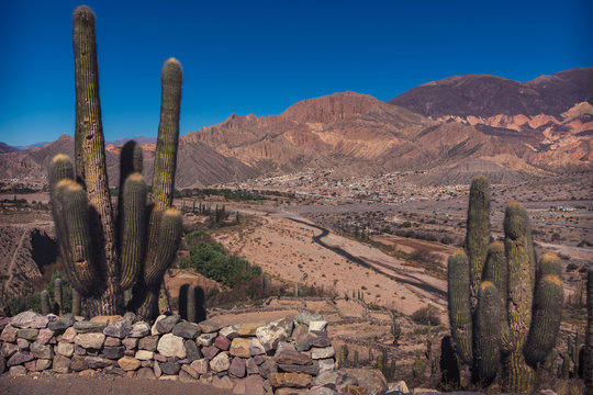 Framed view from the ruins of "Pucará de Tilcara", in Tilcara, Jujuy, Argentina. Maimará can be seen in the background.