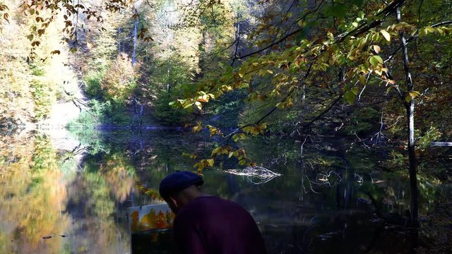 Artist painting in the forest by the lake. 4K