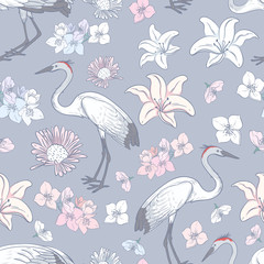 Seamless pattern with herons and light flowers