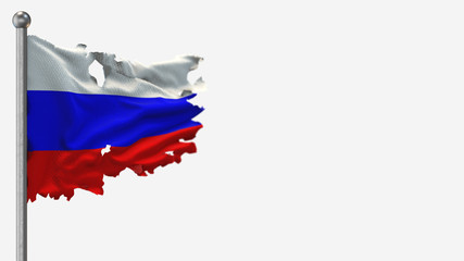 Russia 3D tattered waving flag illustration on Flagpole. Isolated on white background with space on the right side.