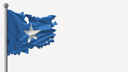 Somalia 3D tattered waving flag illustration on Flagpole. Isolated on white background with space on the right side.