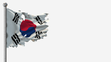 South Korea 3D tattered waving flag illustration on Flagpole. Isolated on white background with space on the right side.