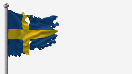 Sweden 3D tattered waving flag illustration on Flagpole. Isolated on white background with space on the right side.