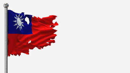 Taiwan 3D tattered waving flag illustration on Flagpole. Isolated on white background with space on the right side.