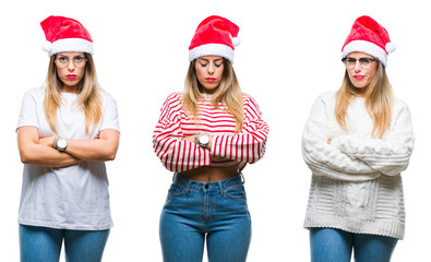 Collage of young beautiful woman wearing christmas hat over isolated background skeptic and nervous, disapproving expression on face with crossed arms. Negative person.