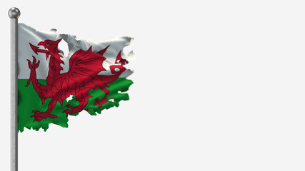 Wales 3D tattered waving flag illustration on Flagpole. Isolated on white background with space on the right side.