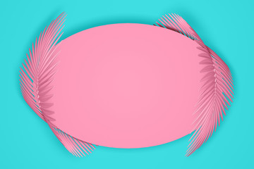Abstract pastel pink and blue modern background of oval frame surrounded by two rounded fluffy palm leaves. 3D illustration.3D render