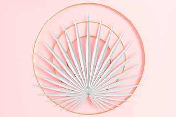 Modern three-dimensional background with the image of a palm leaf and circles around it 3D illustration