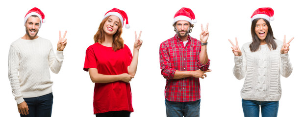 Collage of group of people wearing christmas hat over isolated background smiling with happy face...