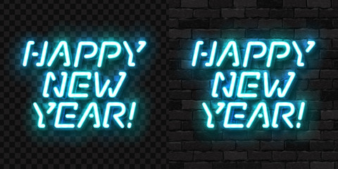 Vector realistic isolated neon sign of Happy New Year logo for template decoration and invitation covering on the wall and transparent background. Concept of Merry Christmas.