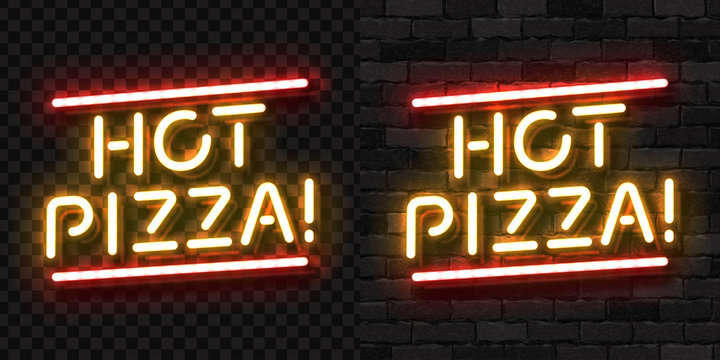 Vector realistic isolated neon sign of Hot Pizza logo for template decoration and covering on the wall and transparent background. Concept of restaurant, cafe, pizzeria and italian food.