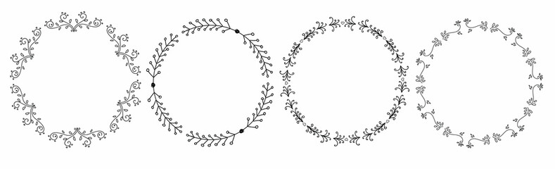 Wreath vector with flowers and leaves. Wreath ornaments illustration. Hand drawn leaves. 