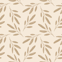 Hand Sketched Leaves Seamless Pattern with Chalk Texture. Floral Vector Background. 