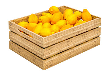 Lemon in the wooden crate, 3D rendering