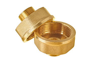 Two glossy brass fittings golden color with thread for connecting different diameter pipeline for...