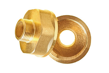 Two glossy brass fittings golden color with thread for connecting different diameter pipeline for...