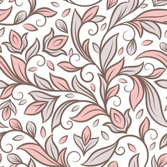 Fototapeta na wymiar Beige, pink and white leaves seamless pattern. Vintage vector ornament template. Paisley elements. Great for fabric, invitation, background, wallpaper, decoration, packaging or any desired idea.