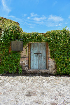 Fachada de casa de pueblo con puerta r&uacute;stica de madera pintada de color azul con cerradura antigua, con un letrero de madera, rodeada del enredadera verde y con cielo azul al fondo