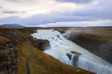 Beautiful panoramic view of Gullfoss waterfall.This waterfall very huge.Most of the time use for advertising and film entertainment scene for Heaven