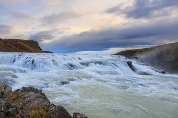 Beautiful panoramic view of Gullfoss waterfall.This waterfall very huge.Most of the time use for advertising and film entertainment scene for Heaven