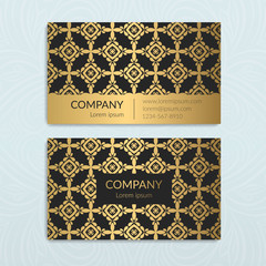 Gold and black luxury business card design. Geometric vector ornament template. Vintage classic elements. Can be used for wallpaper and background. Great for invitation and decoration.