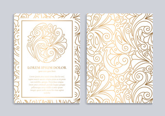 White invitation card with golden abstract ornament design. Luxury vintage template with elegant and classic vector elements. Can be used for background and wallpaper or decoration.
