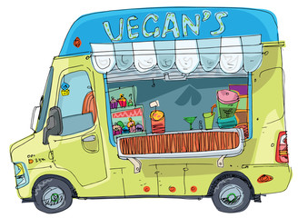 Cute vegan street food trailer mini bus full of food and equipments. Cartoon. Caricature.