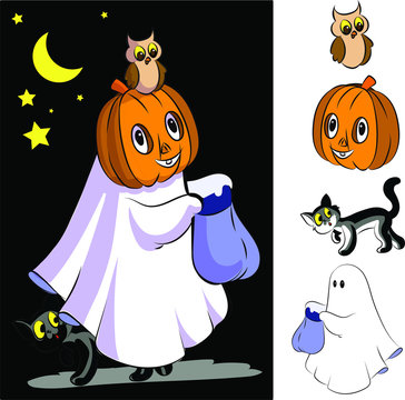  Halloween, ghost, pumpkin, black cat. cute cartoon