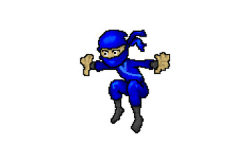 Pixel Art Ninja , Blue Ninjas Cartoon Character Illustration , 8Bit , 16Bit 