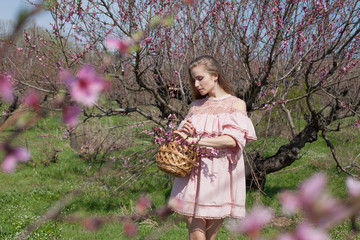 Beautiful blonde woman in dress collects flowers in the garden