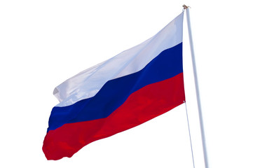 Russian flag waving in the wind over blue sky