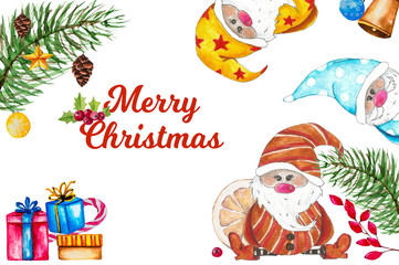 Watercolor Merry Christmas greeting card with fir tree and christmas toys.