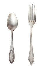 Vintage tea spoon and fork isolated on a white background. Retro silverware.