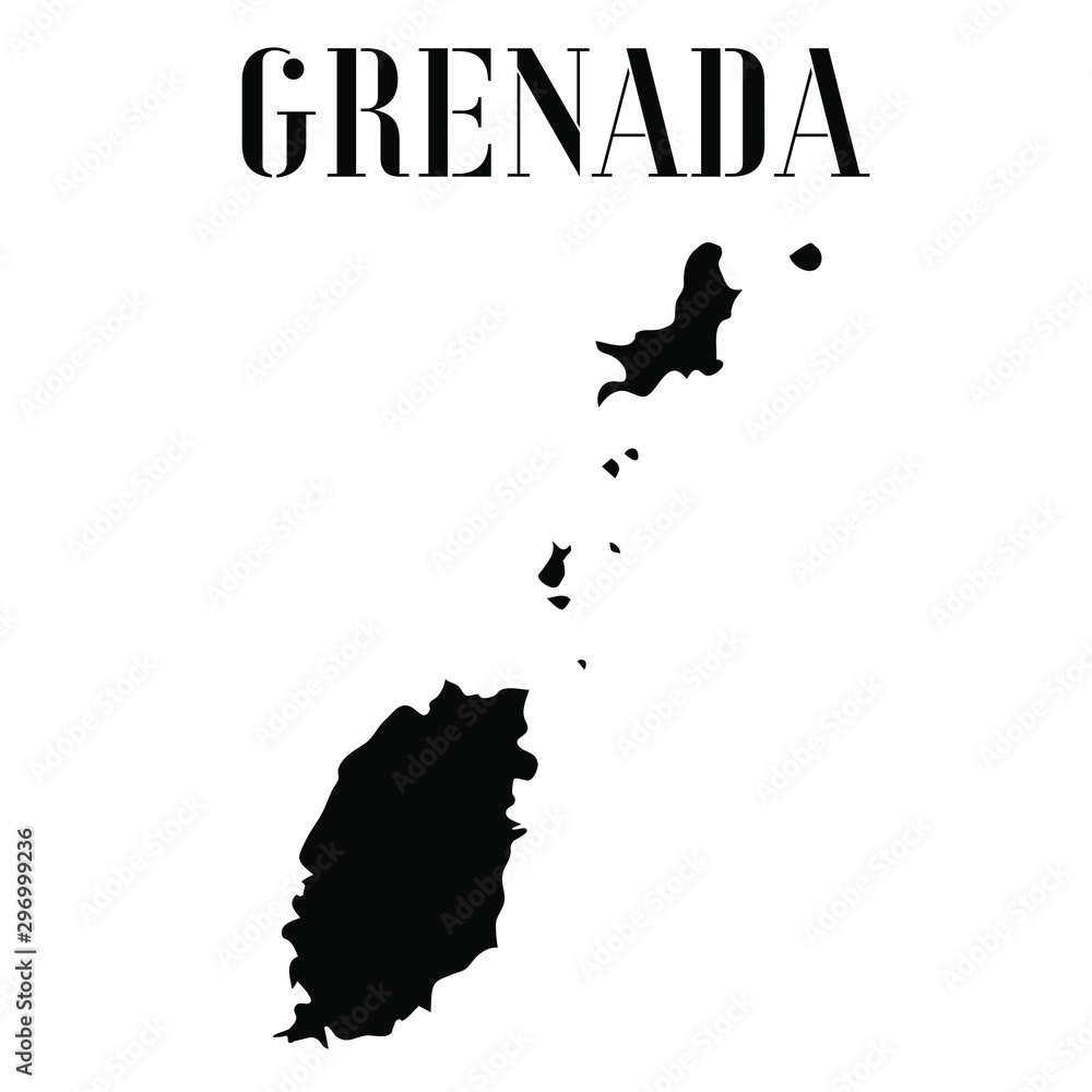 Fototapete Grenada solid country outline silhouette, Black and white vector illustration with isolated object and symbols on background with text. From world map countries set