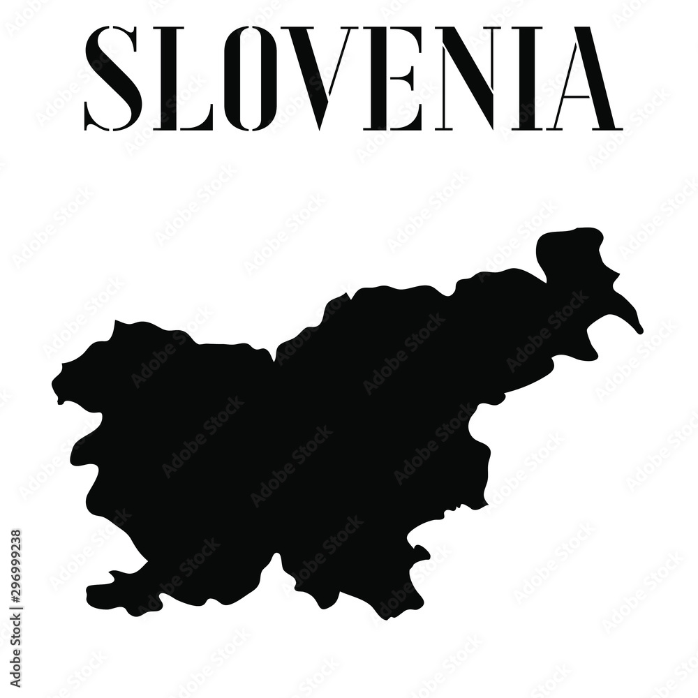 Fototapete Slovenia solid country outline silhouette, Black and white vector illustration with isolated object and symbols on background with text. From world map countries set