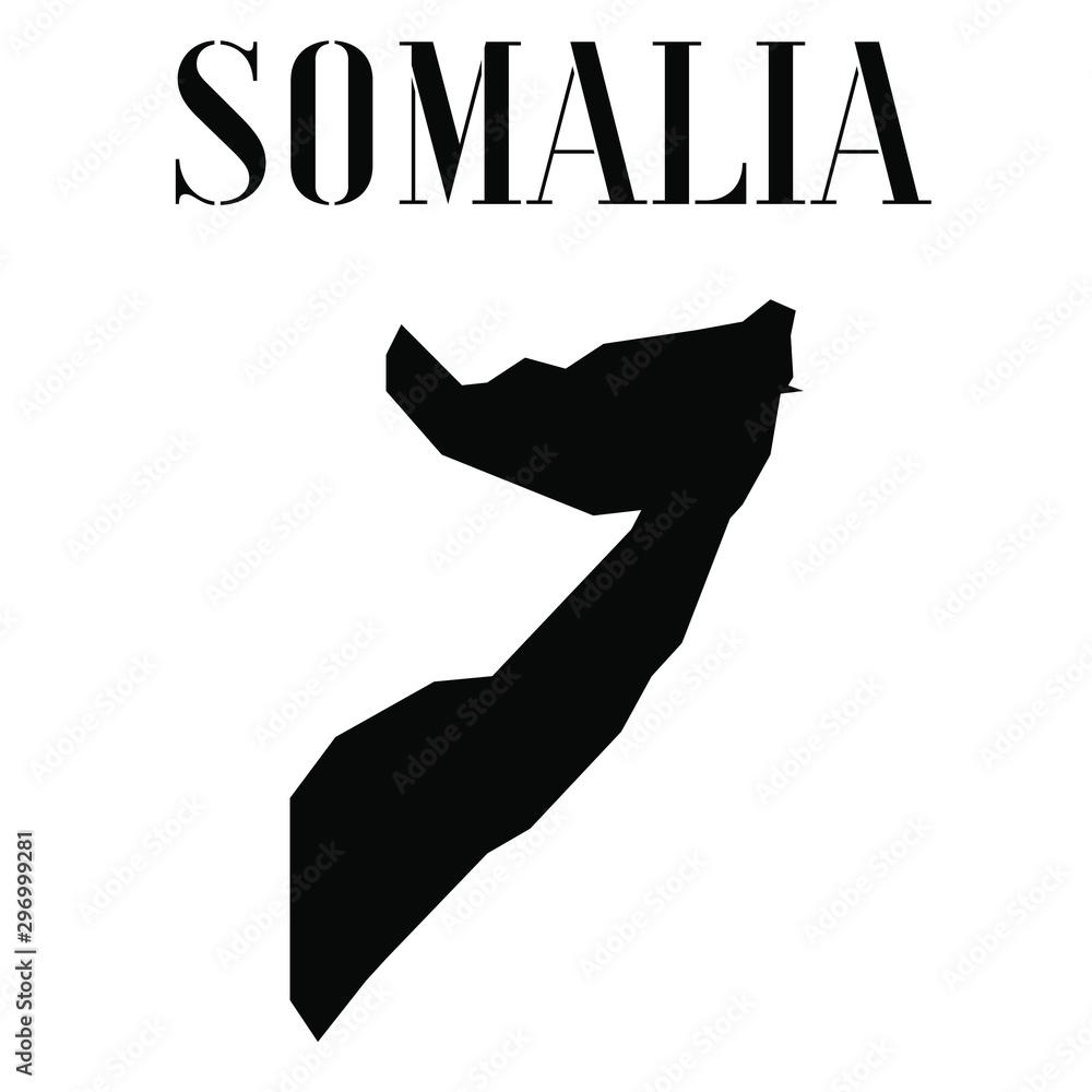 Fototapete Somalia solid country outline silhouette, Black and white vector illustration with isolated object and symbols on background with text. From world map countries set