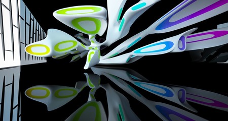 Fototapeta premium Abstract smooth architectural white, black and colored gradient gloss interior of a minimalist house with large windows. 3D illustration and rendering.