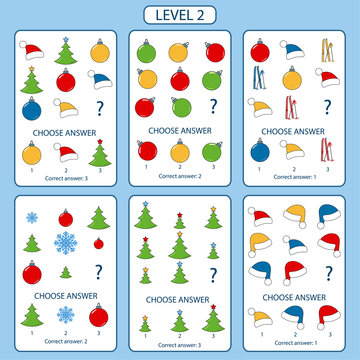 Set of tasks for the development of logical thinking of children. Level 2. Set of logical tasks composed of Christmas decorations, cookies, Christmas sock and stars. Vector illustration