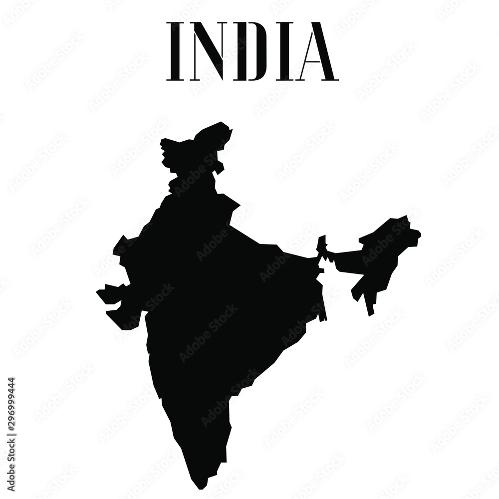 Fototapete India solid country outline silhouette, Black and white vector illustration with isolated object and symbols on background with text. From world map countries set