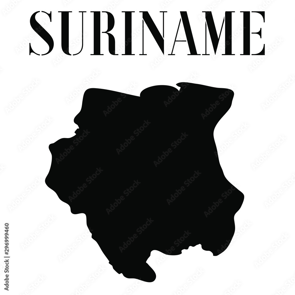 Fototapete Suriname solid country outline silhouette, Black and white vector illustration with isolated object and symbols on background with text. From world map countries set